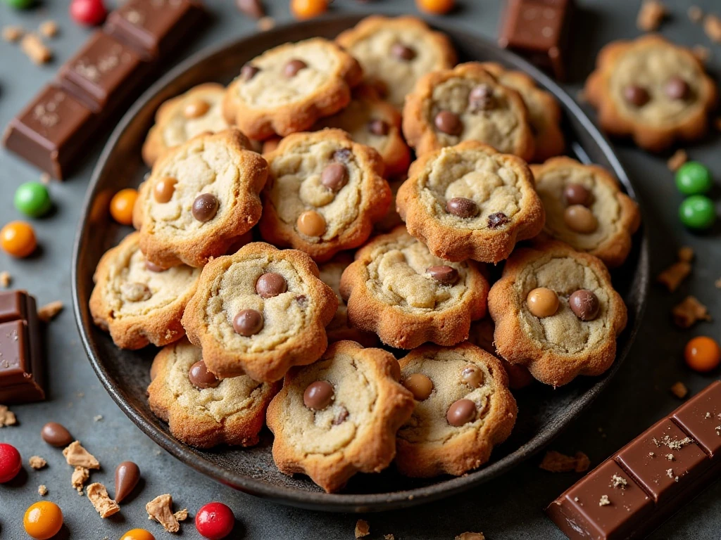 A plate of homemade leftover candy cookies surrounded by assorted chocolate and caramel candy