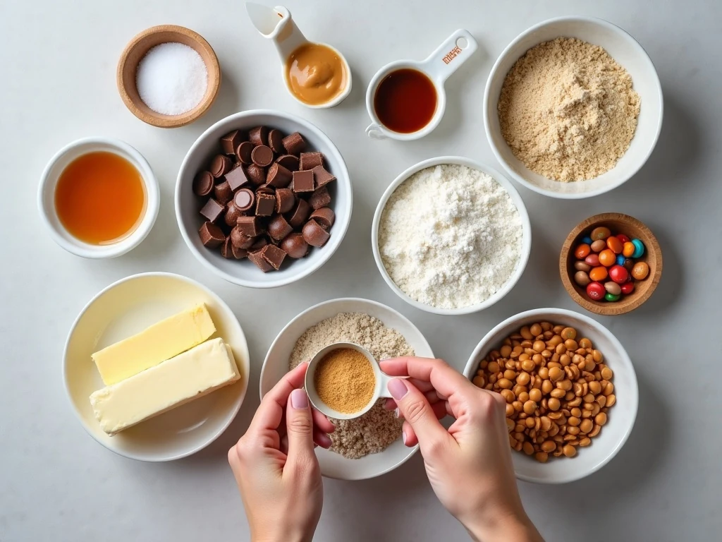 Ingredients for leftover candy cookies including chopped chocolate, peanut butter, caramel, and toffee