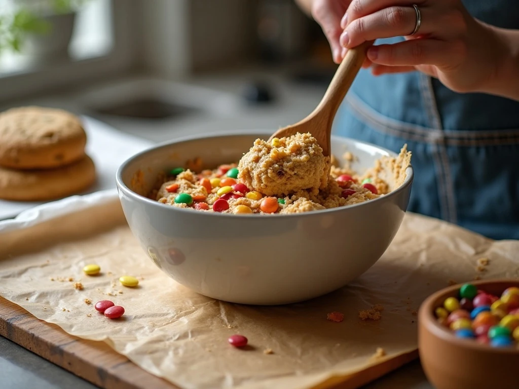 Cookie dough being mixed with chopped leftover candy before baking