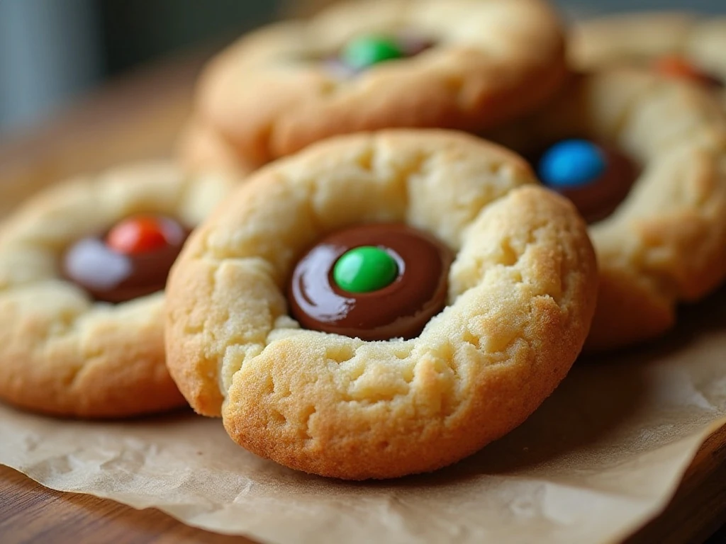 Close-up of soft chewy candy cookies with colorful candy pieces on top