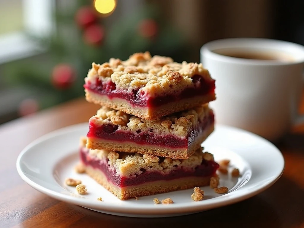 Stacked leftover cranberry sauce oat bars with golden crumble topping