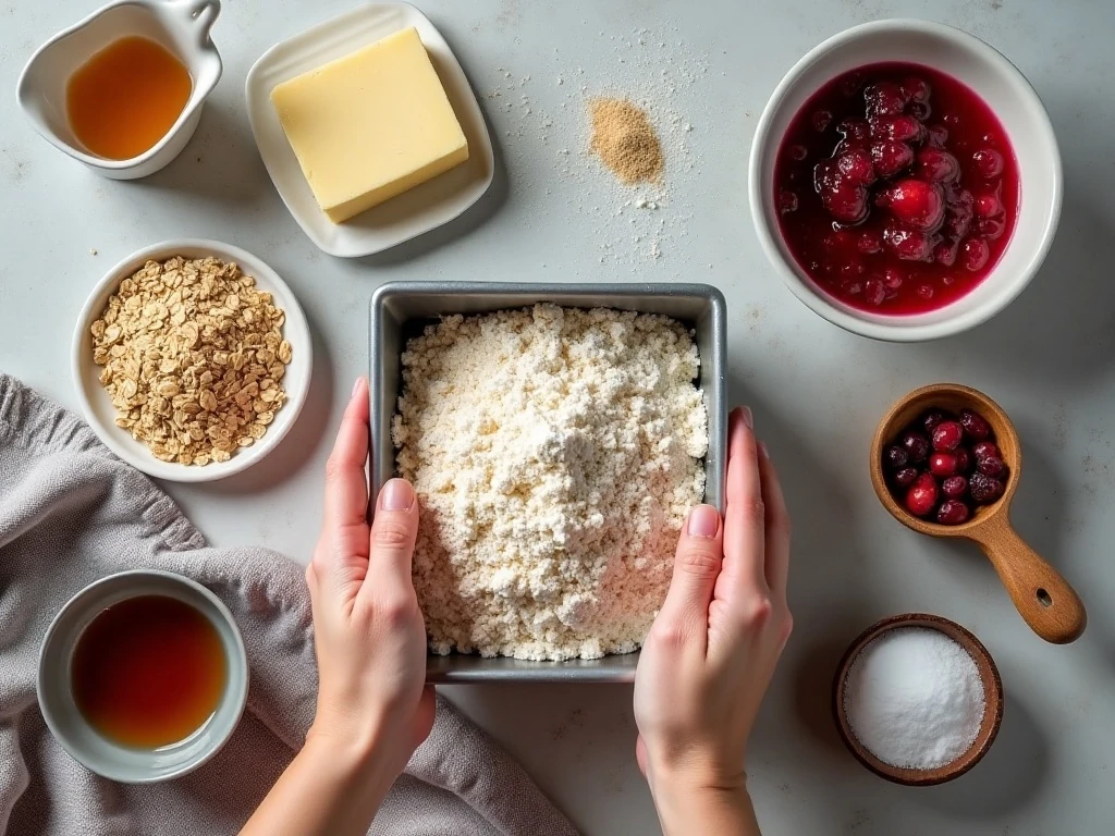 Ingredients for cranberry sauce oat bars arranged on a kitchen counter