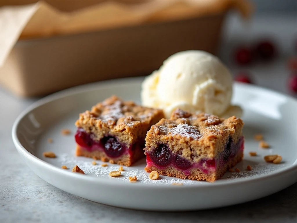 Cranberry oat crumble bar served with vanilla ice cream