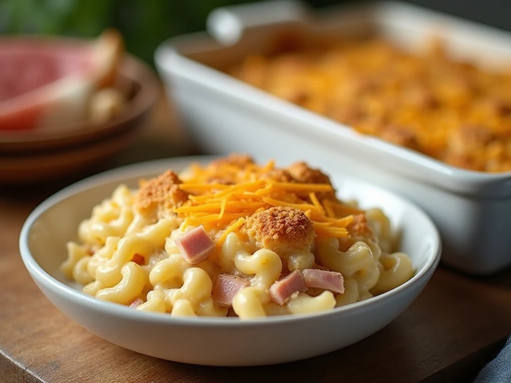 Creamy leftover ham casserole with egg noodles, peas, cheddar, and a golden breadcrumb topping