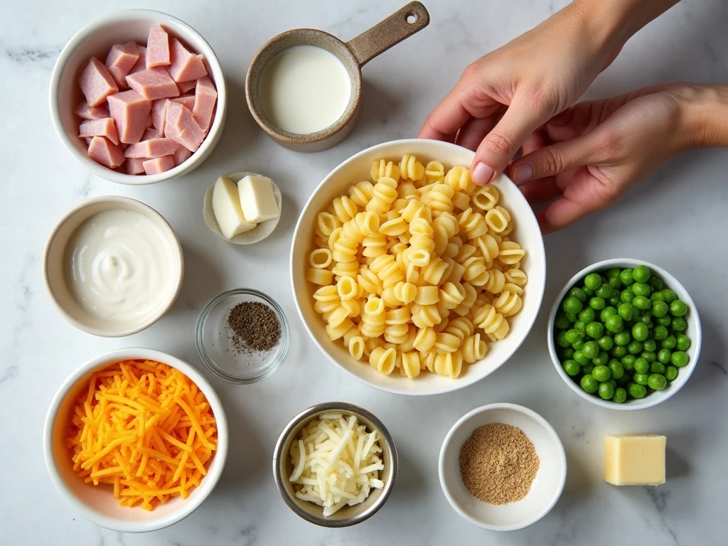 Ingredients for easy leftover ham casserole arranged for cooking