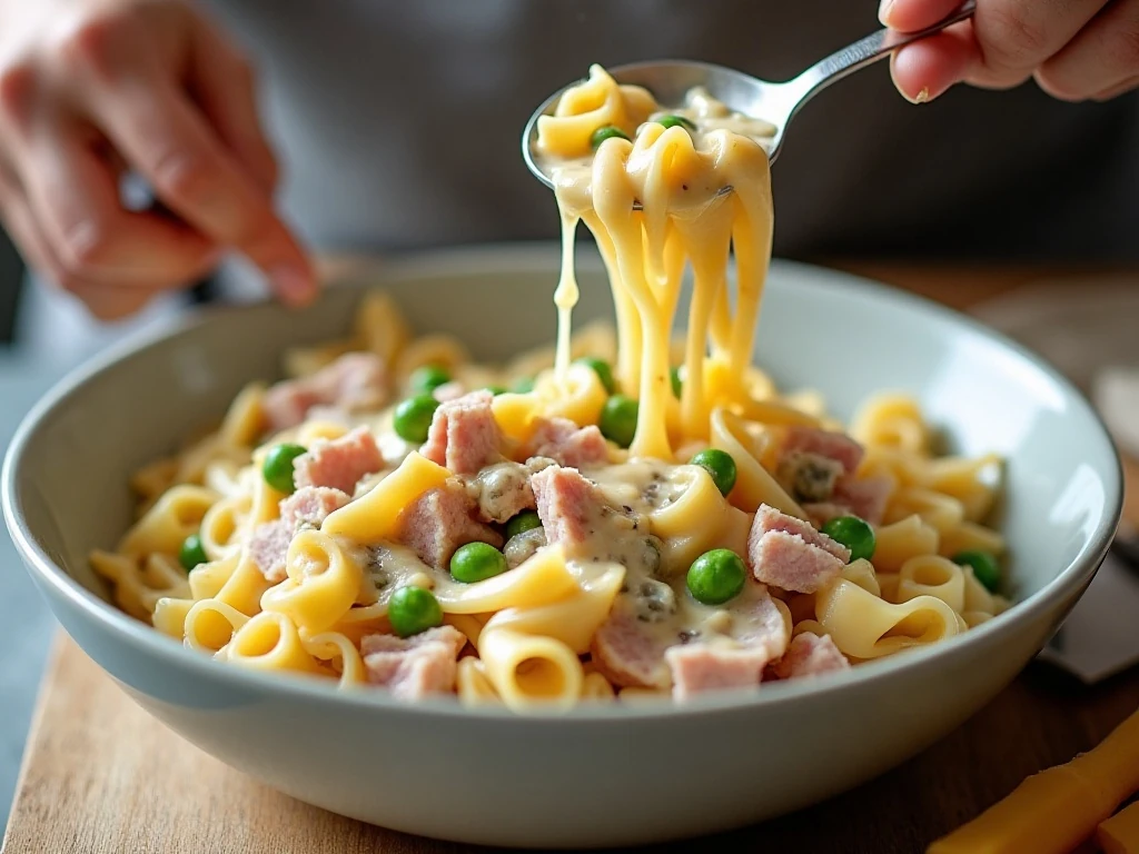 Mixing noodles, ham, peas, cheese, and creamy sauce for ham casserole