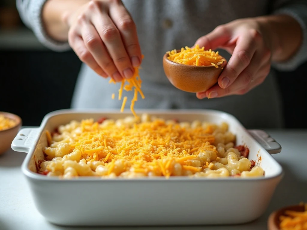 Buttered breadcrumbs and cheddar sprinkled over ham casserole before baking