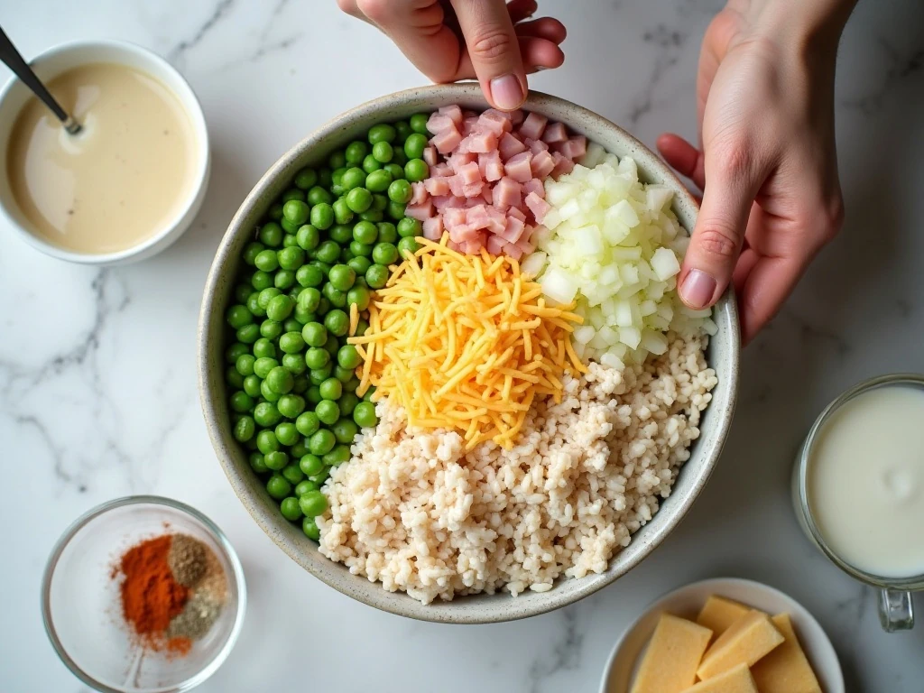 Ingredients for cheesy leftover ham and turkey rice casserole arranged on a counter
