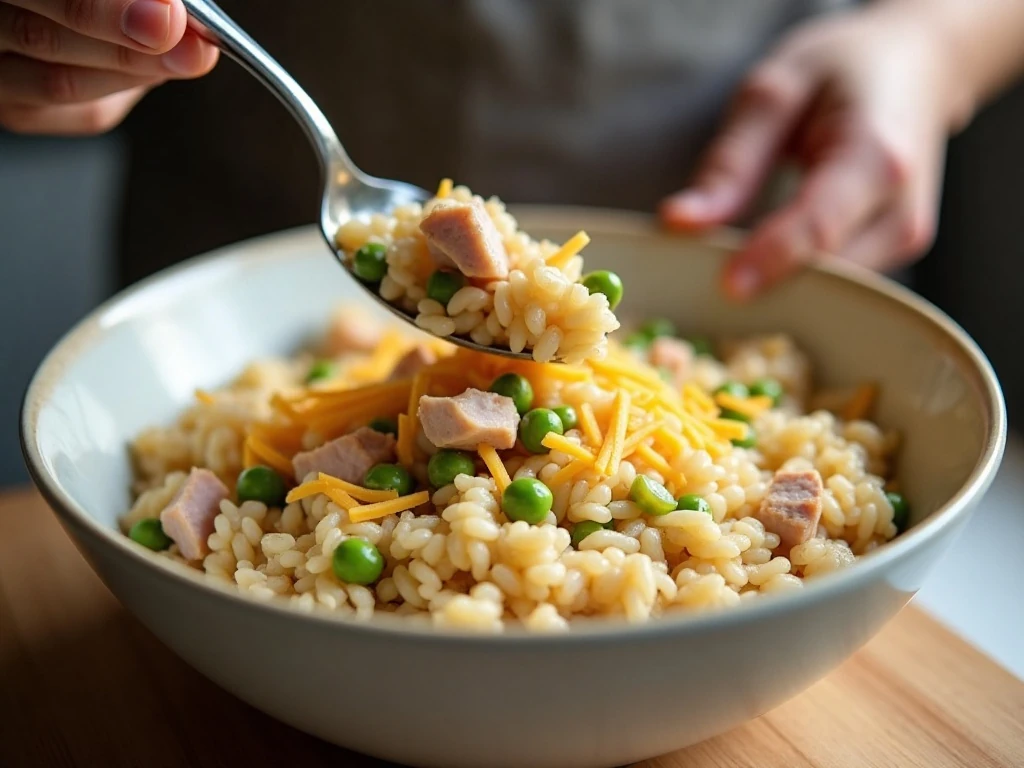 Mixing the creamy turkey, ham, rice, peas, and cheese casserole filling