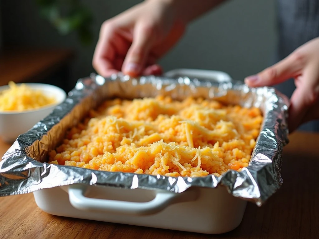 Prepared ham and turkey rice casserole ready to cover and bake