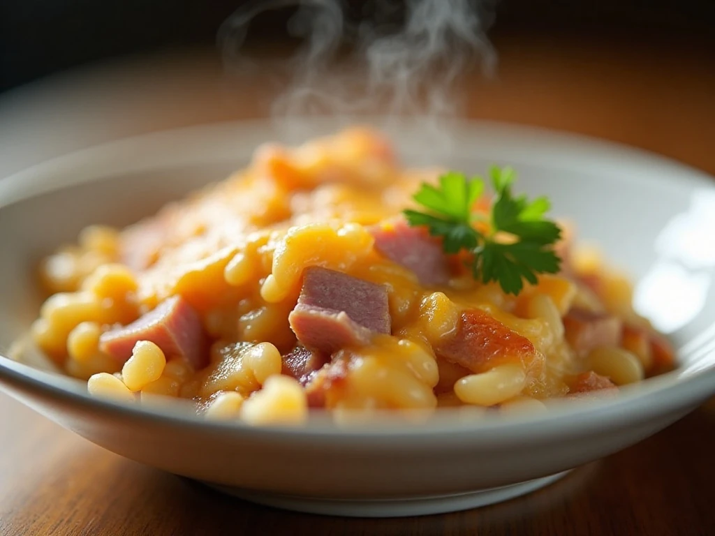 A warm reheated serving of cheesy ham and turkey rice casserole
