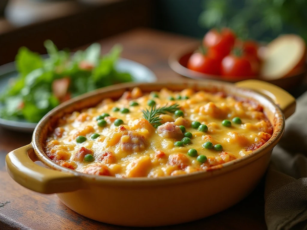 Cheesy leftover ham and turkey rice casserole served for dinner with salad and vegetables