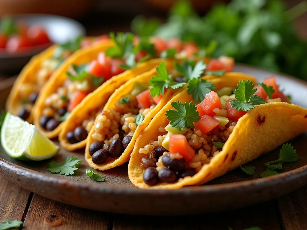 Crispy leftover rice tacos with black beans, cheese, and fresh toppings