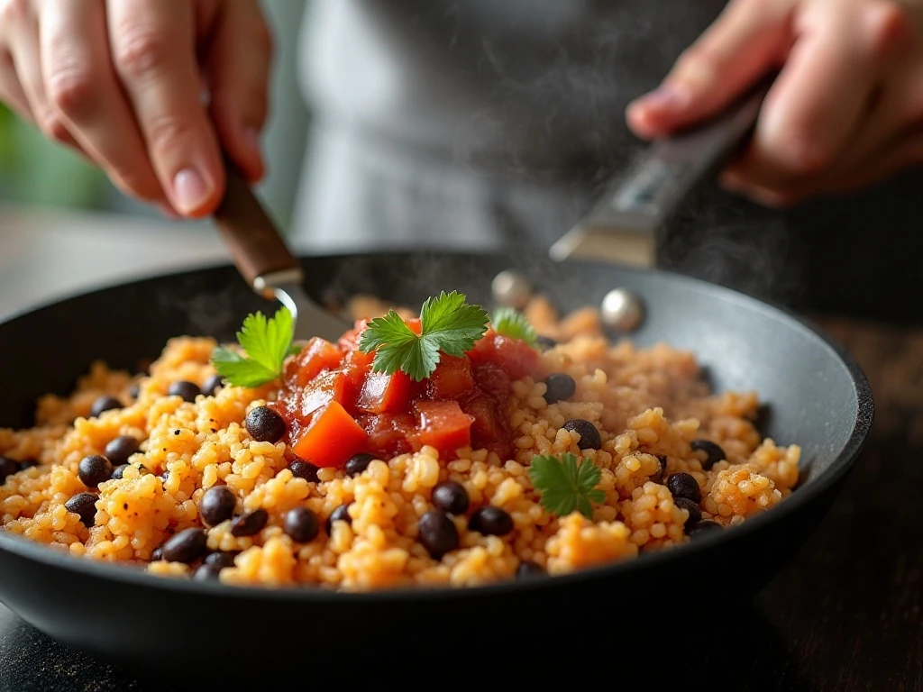 Seasoned rice and black bean taco filling cooking in a skillet