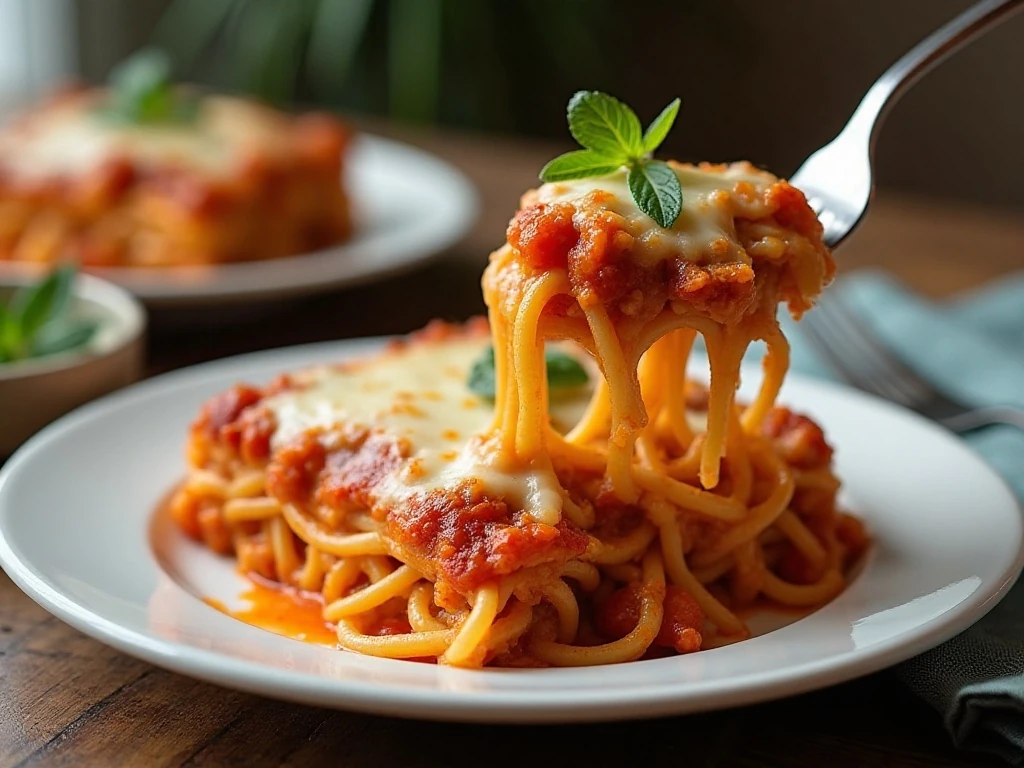 Serving of cheesy leftover spaghetti casserole with marinara sauce