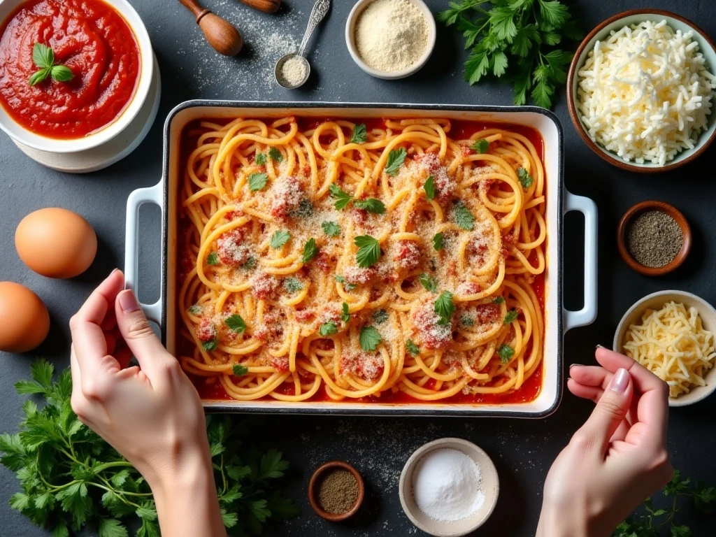 Ingredients for easy leftover spaghetti casserole