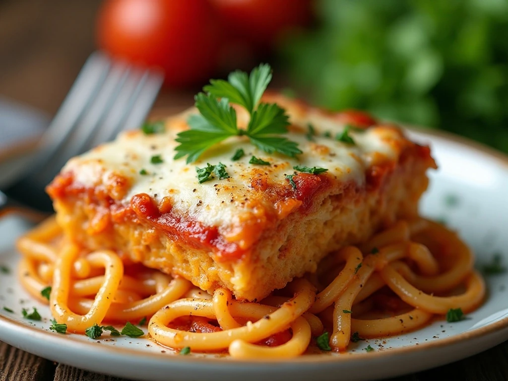 Parsley-garnished baked spaghetti casserole ready to serve