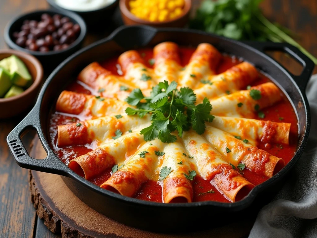 Baked leftover turkey enchiladas with red sauce and melted cheese