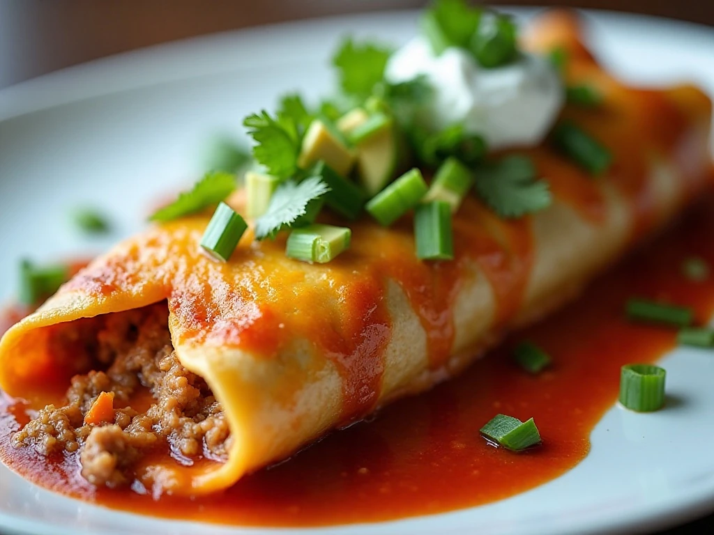 Turkey enchilada garnished with cilantro avocado sour cream and green onions