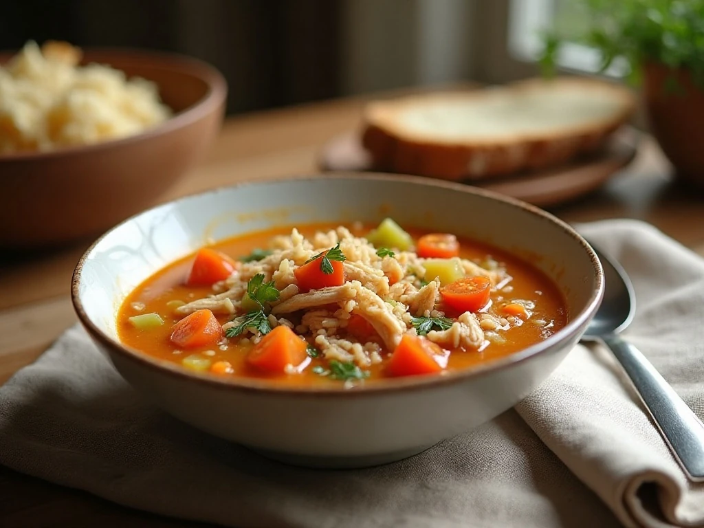 A comforting bowl of colorful leftover soup served with crusty bread