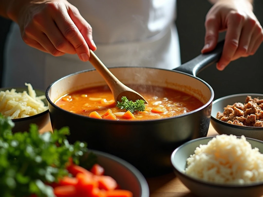 Preparing the vegetable base for leftover soup in a large pot