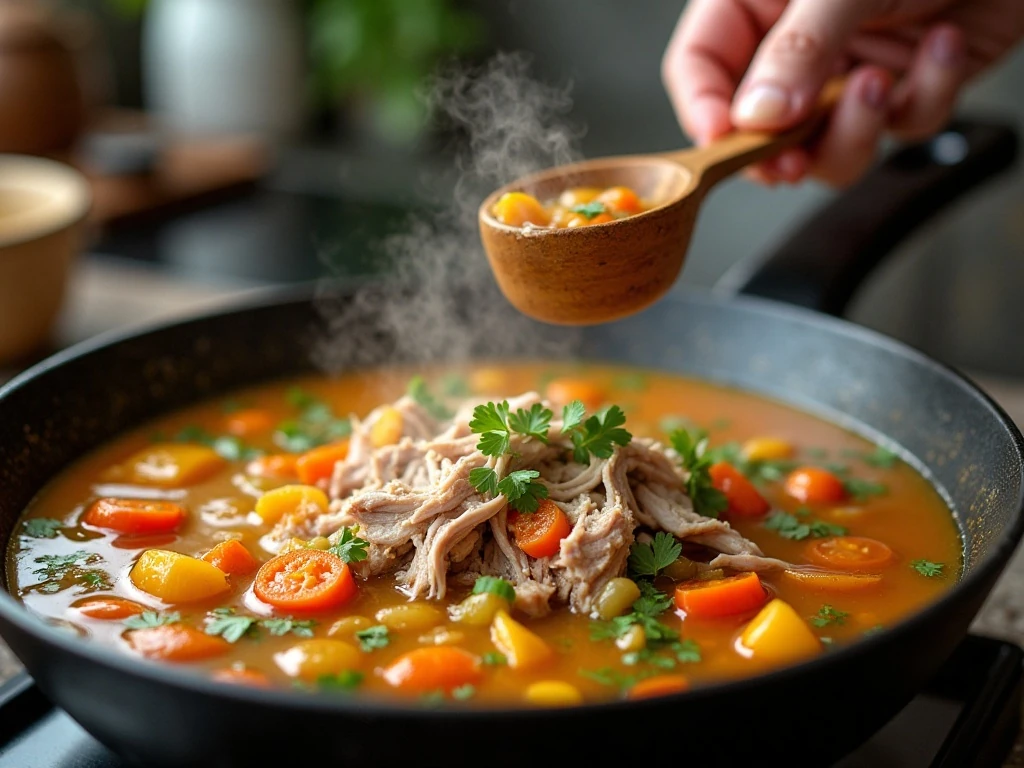 Adding cooked meat and vegetables to simmering leftover soup