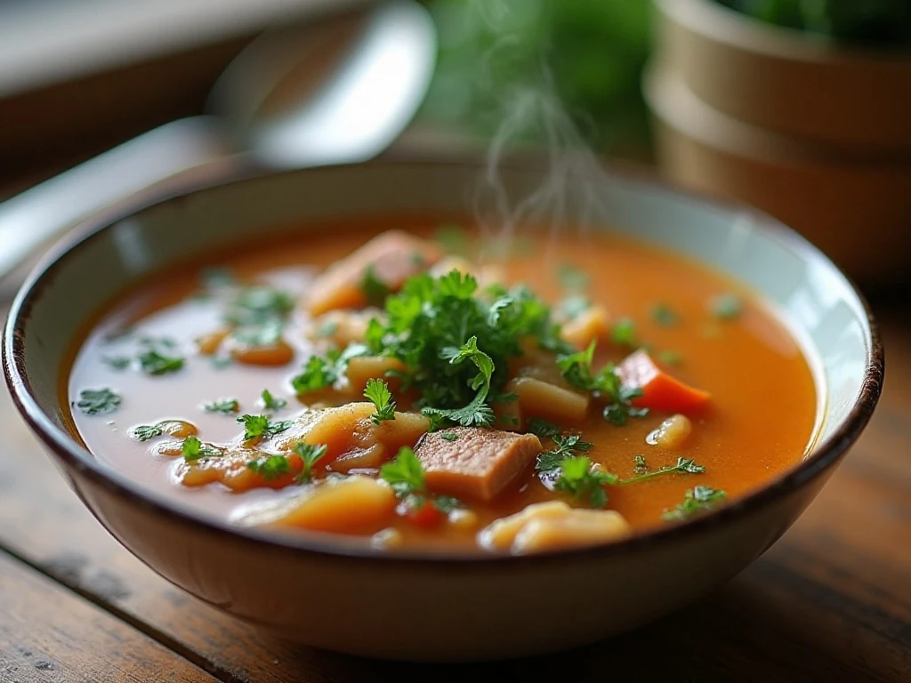 Steaming leftover soup garnished with fresh parsley