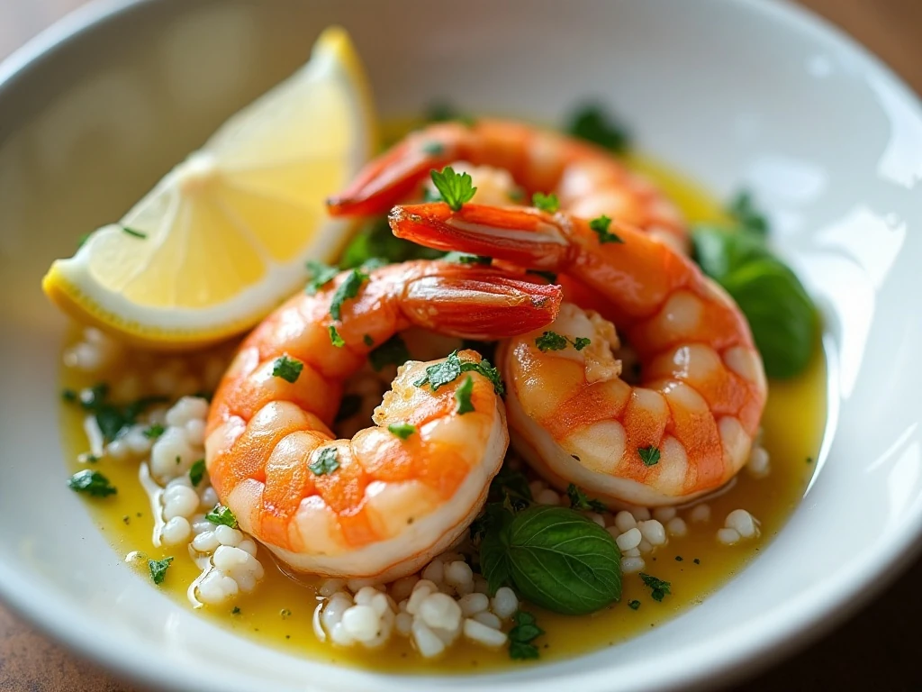 Lemon and herb shrimp served over rice with fresh parsley and lemon wedges