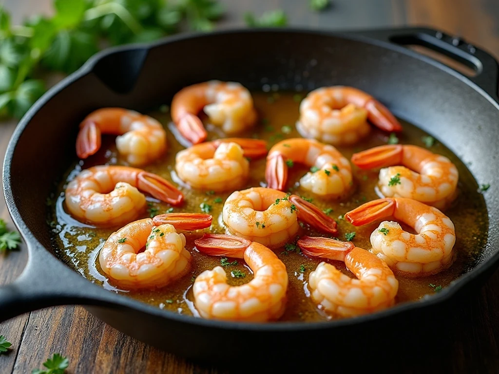 Shrimp cooking in garlic butter and olive oil in a skillet