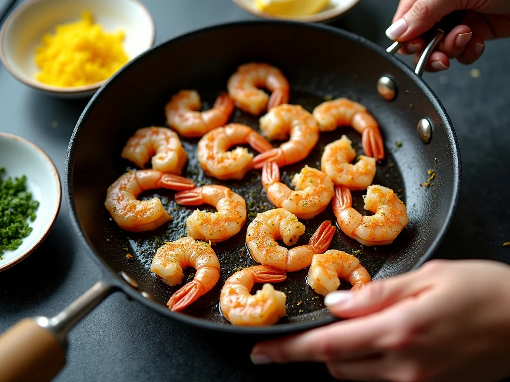 Seasoned shrimp arranged in a single layer before quick skillet cooking