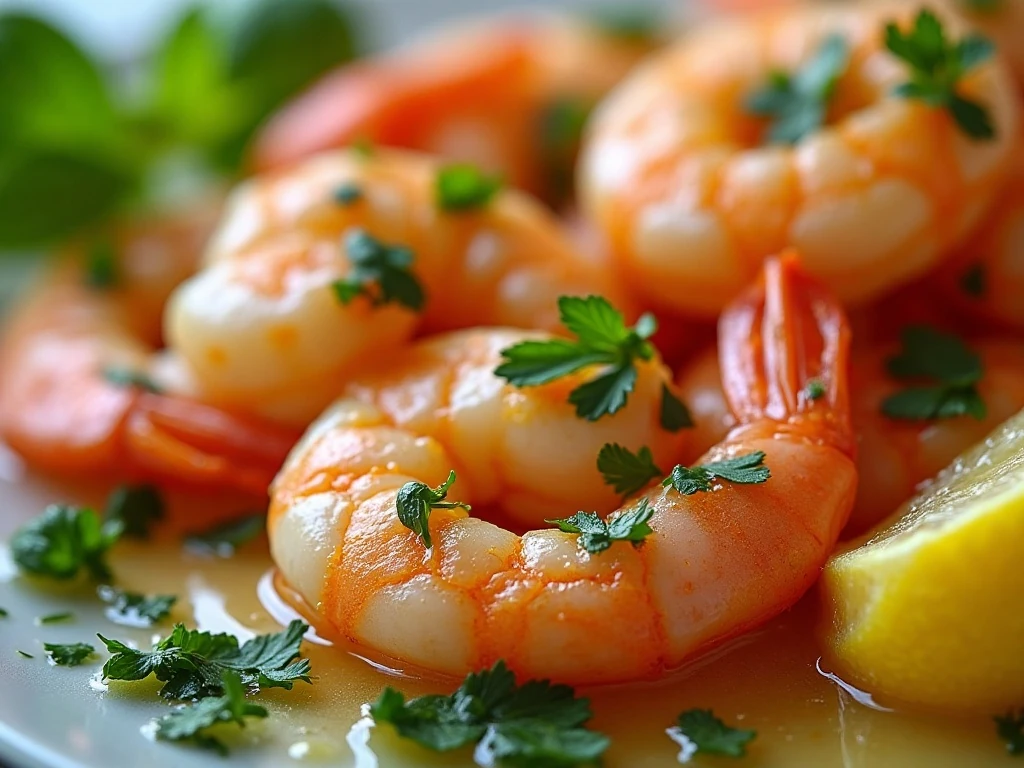 Close-up of lemon herb shrimp garnished with parsley, basil, and lemon