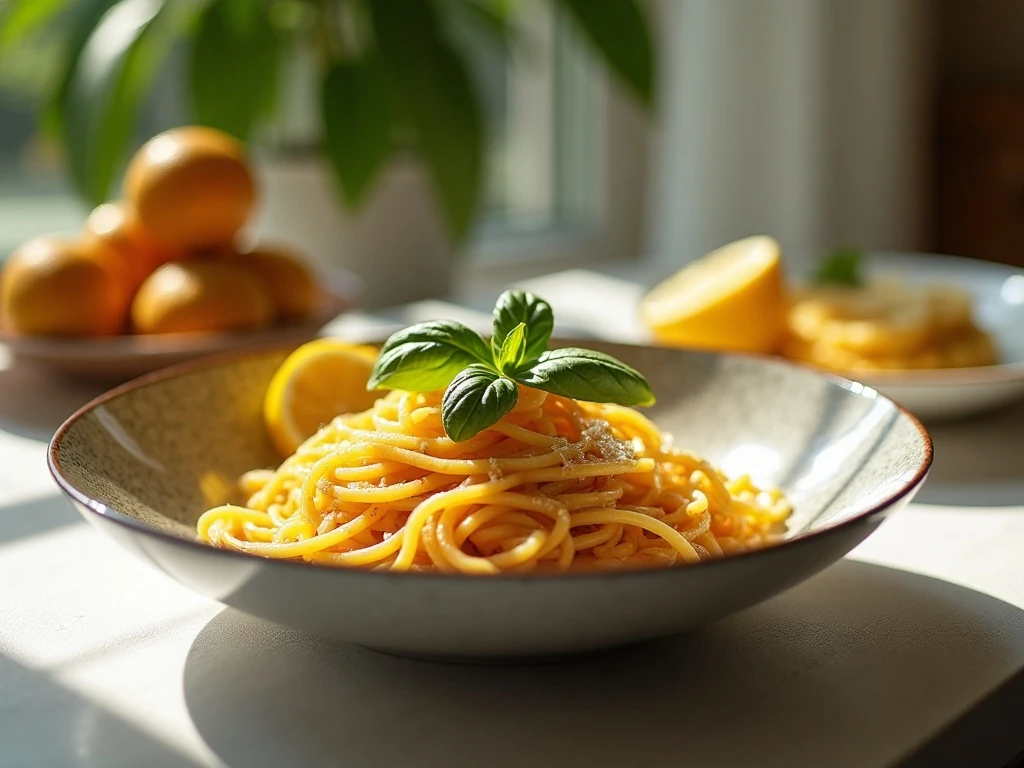 A bowl of refreshing lemon basil spaghetti ready for dinner