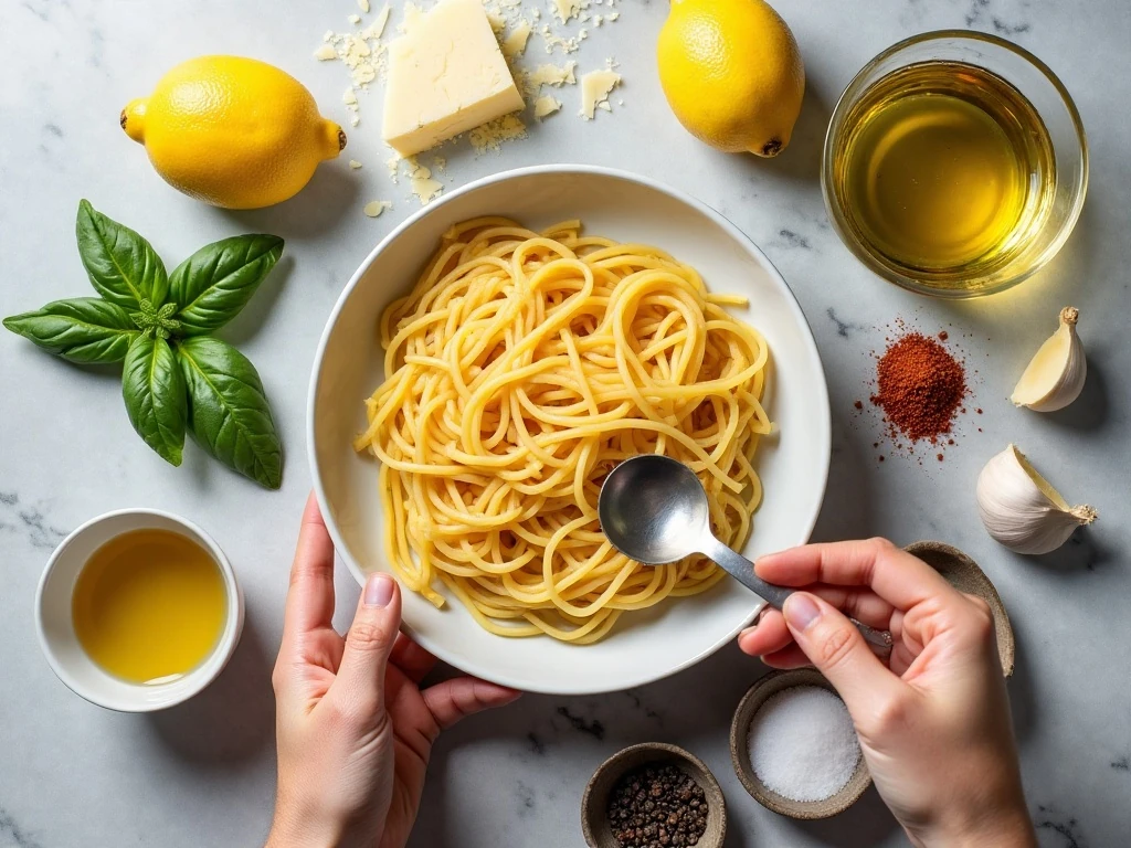 Ingredients for lemon basil spaghetti arranged for cooking