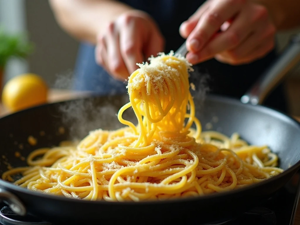 Spaghetti being tossed with lemon oil, Parmesan, and pasta water