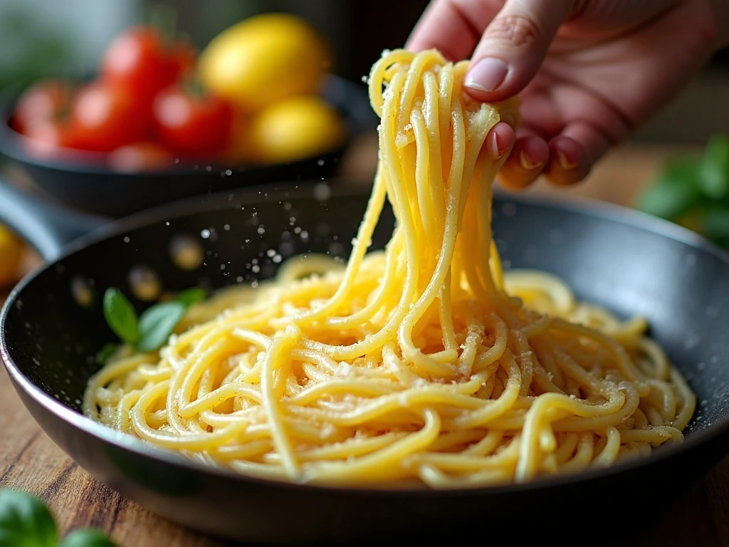 Glossy lemon Parmesan sauce coating spaghetti in a skillet