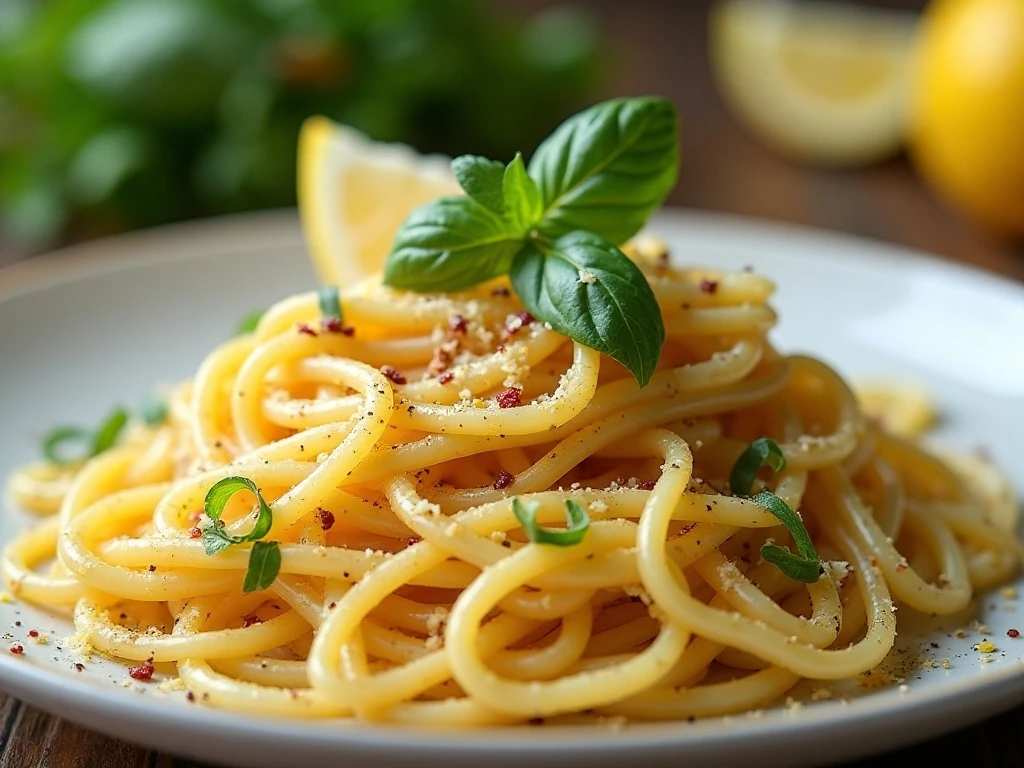 Lemon basil spaghetti finished with Parmesan, basil, and lemon zest