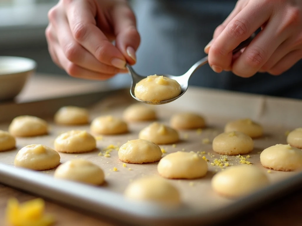 Scooping lemon cookie dough onto a baking sheet