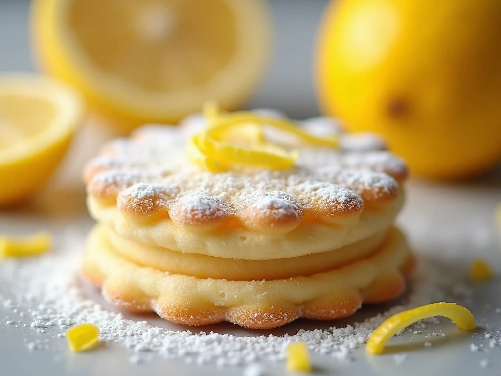 Close-up of a tender lemon cookie with zest and powdered sugar