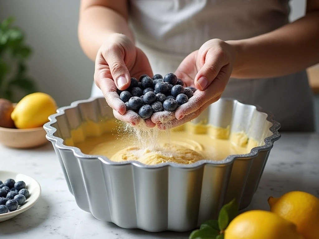 Folding blueberries into lemon Bundt cake batter