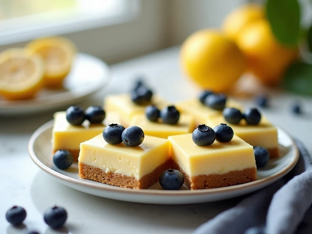 Lemon blueberry cheesecake bars arranged on a serving plate