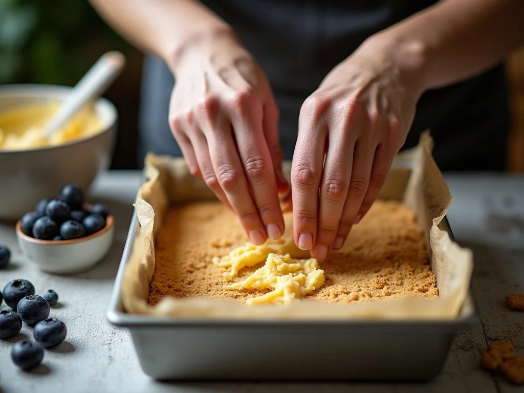 Pressing graham-cracker crust into a square baking pan
