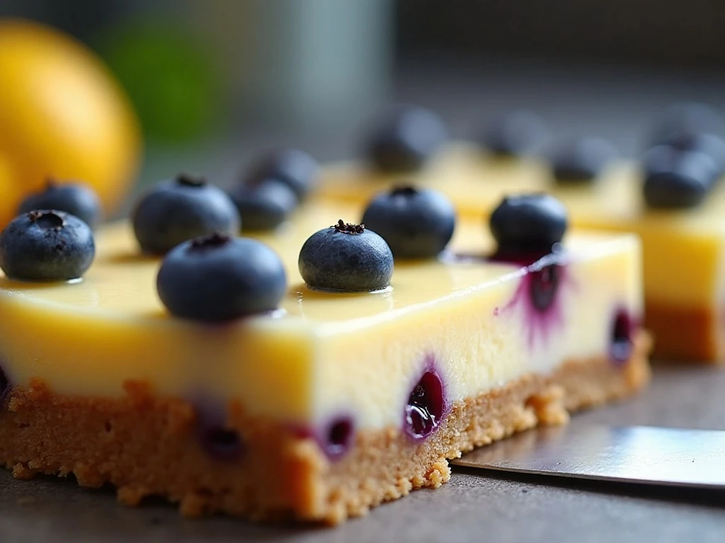 Close-up of the creamy layers in a lemon blueberry cheesecake bar