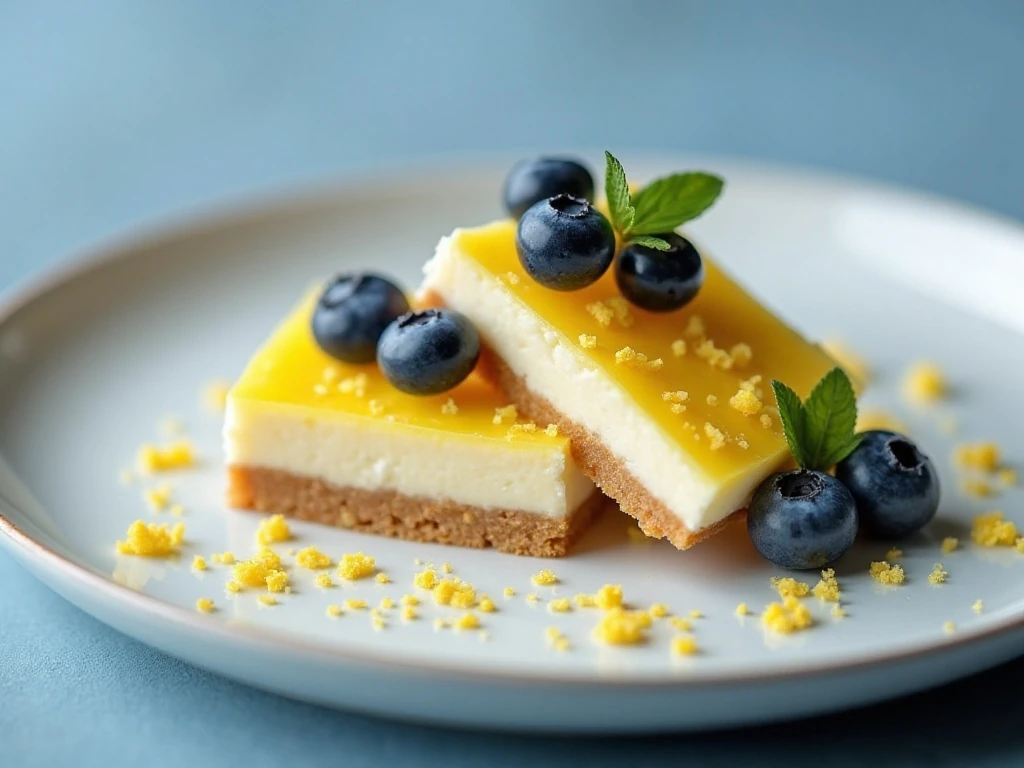 Lemon blueberry cheesecake bars garnished with berries and lemon zest