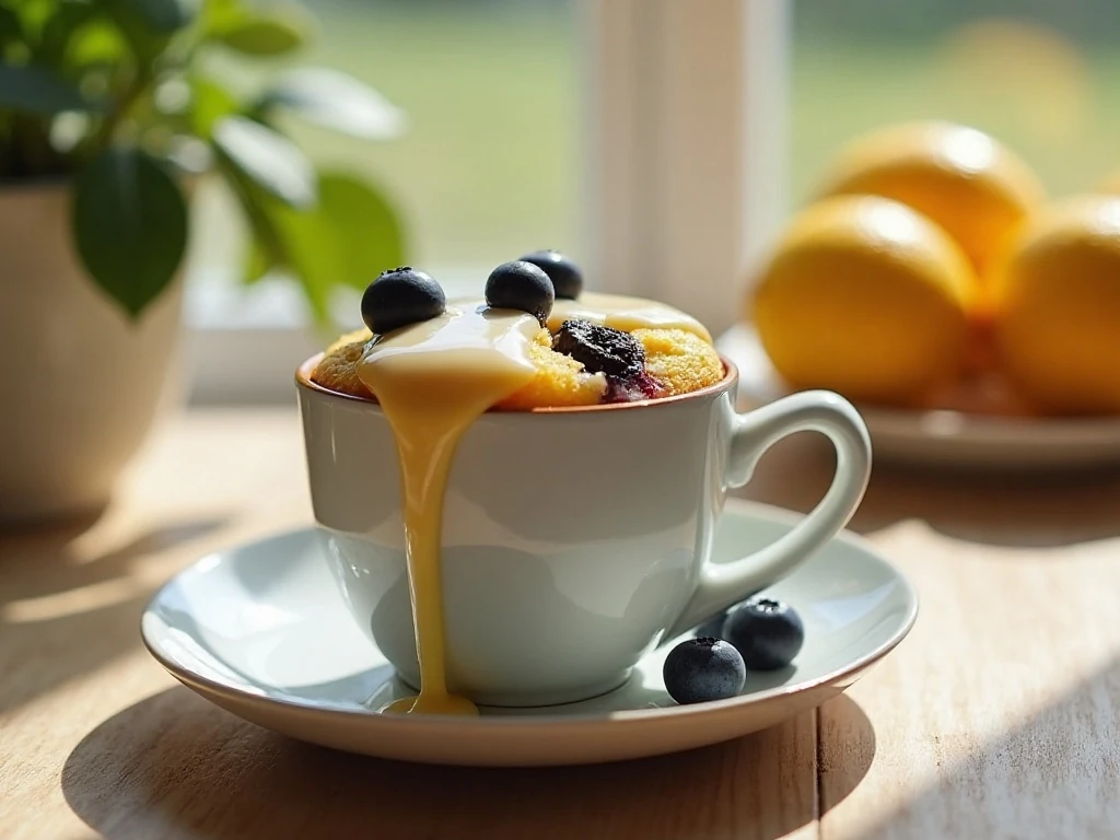 Moist lemon blueberry mug cake served warm in a ceramic mug