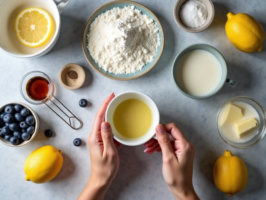 Ingredients for an easy lemon blueberry mug cake