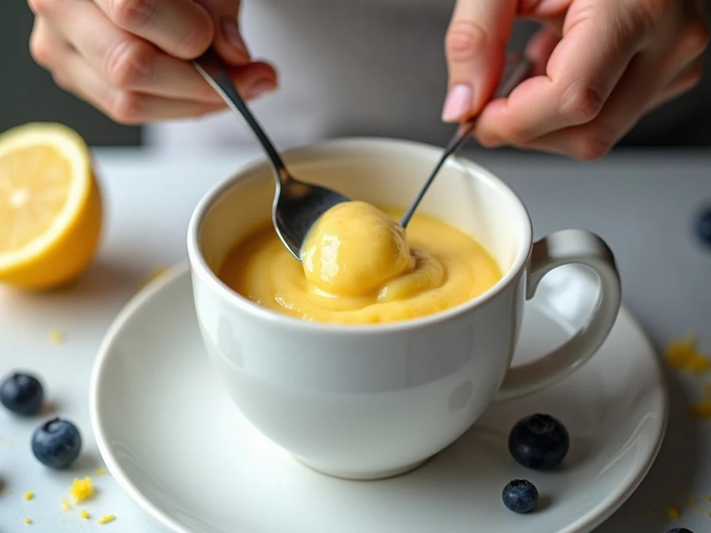 Mixing lemon blueberry mug cake batter directly in a mug