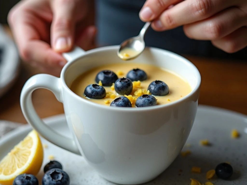 Lemon blueberry mug cake batter ready for the microwave