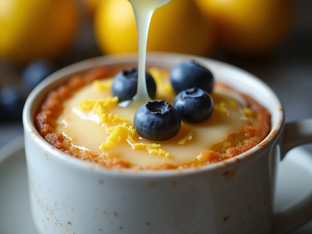 Lemon glaze and blueberry garnish on a mug cake