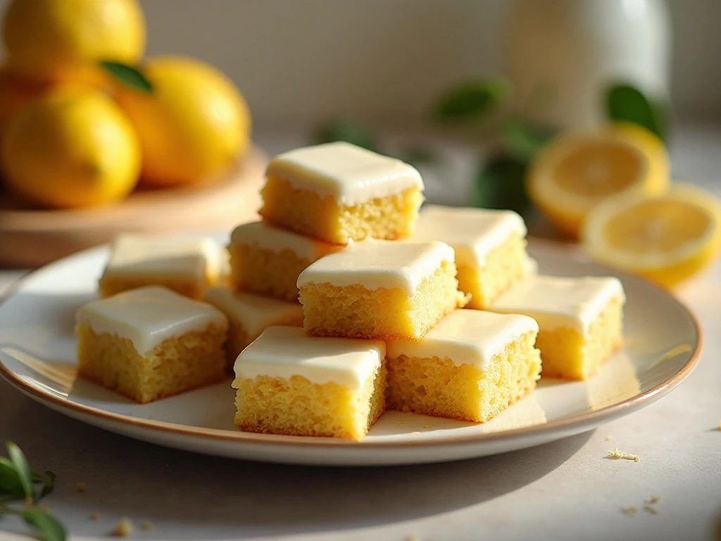 Stack of fudgy lemon brownies with tart lemon glaze