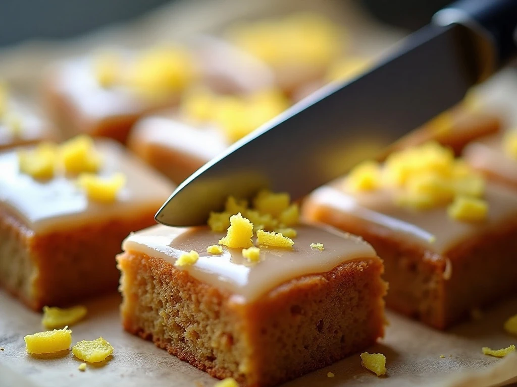 Sliced fudgy lemon brownie with lemon glaze and zest